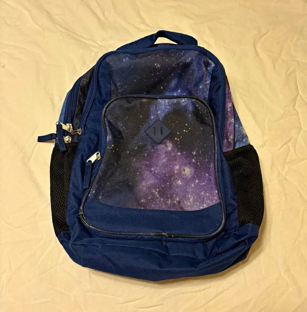 Blue/Purple/Black Galaxy Print Hiking Backpack Zip, Adjustable Straps